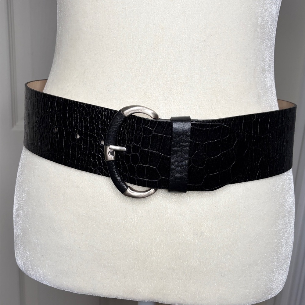 Banana Republic Black Croc-Embossed Leather Wide Belt Silver Buckle S